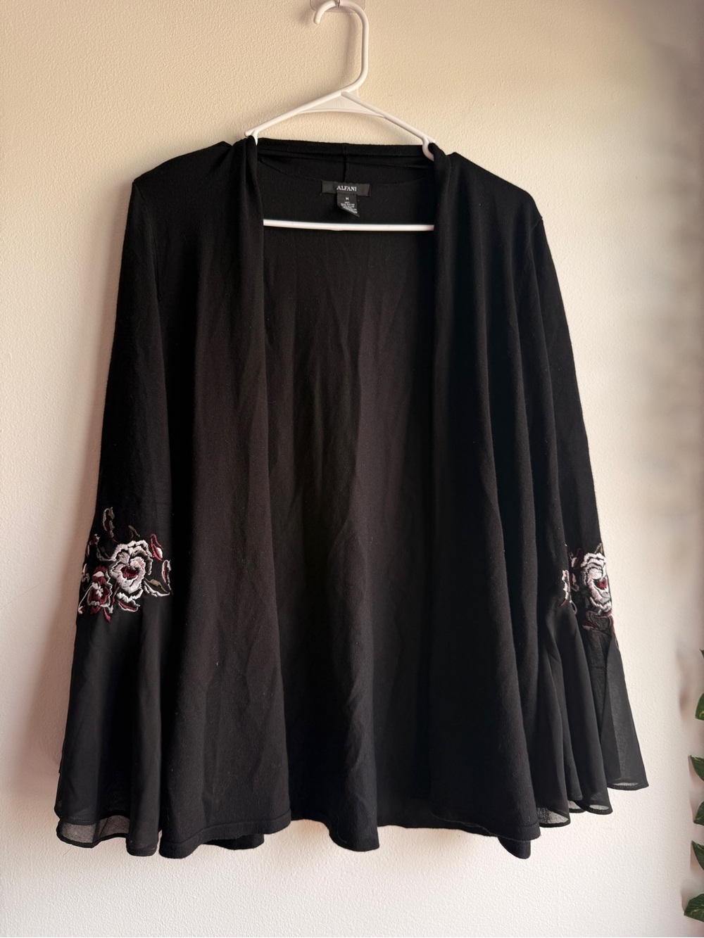 Alfani Black Open-Front Cardigan with Rose Embroidered Mesh Bell Sleeves Size M